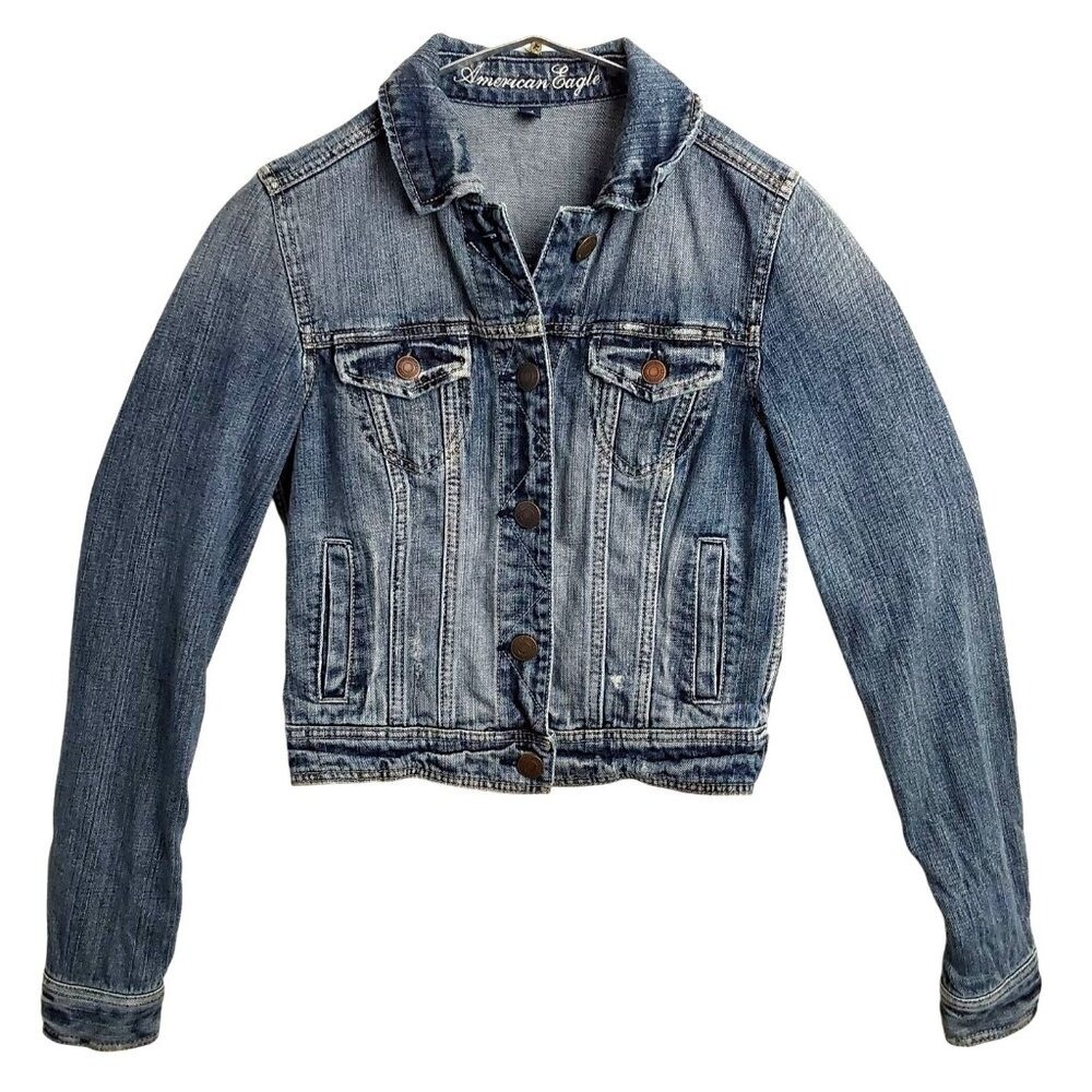 American Eagle Womens Medium Wash Denim Trucker Jacket Size Small S/P
